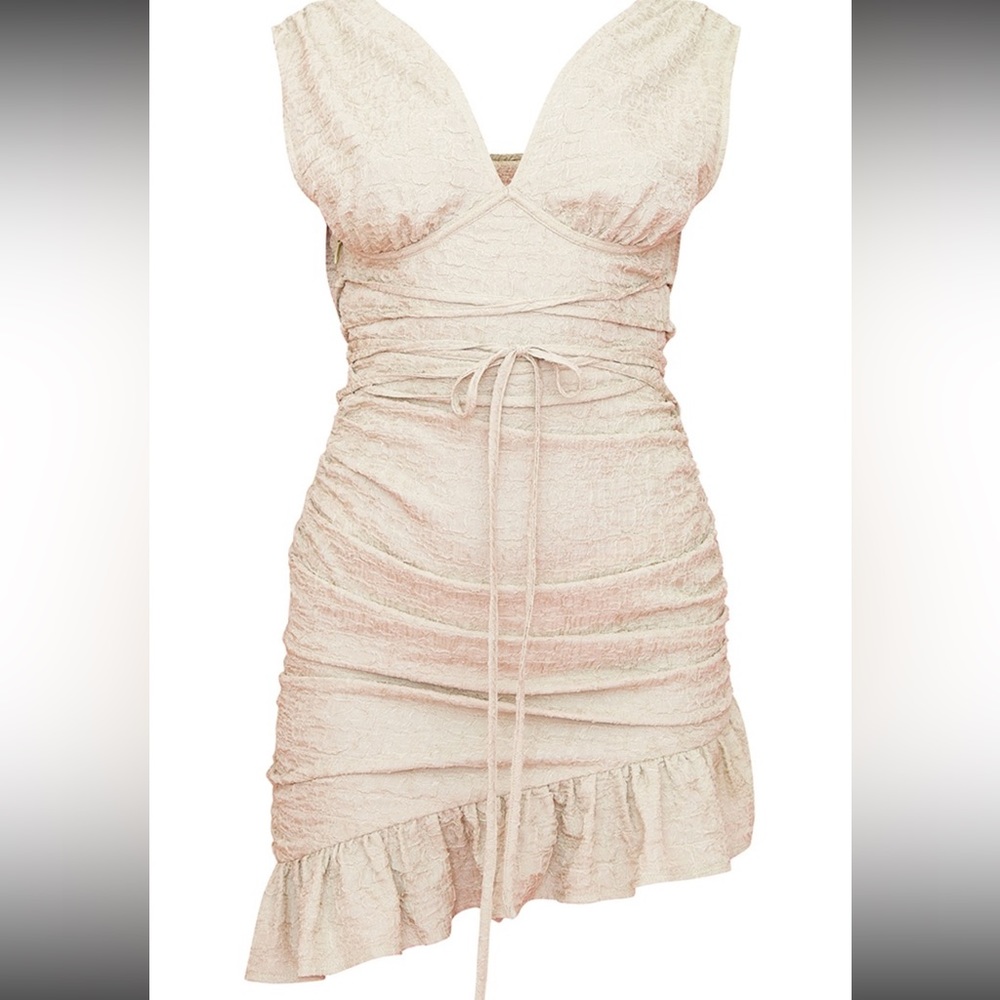 Sage Green crinkle plunge tie waist frill hem bodycon dress